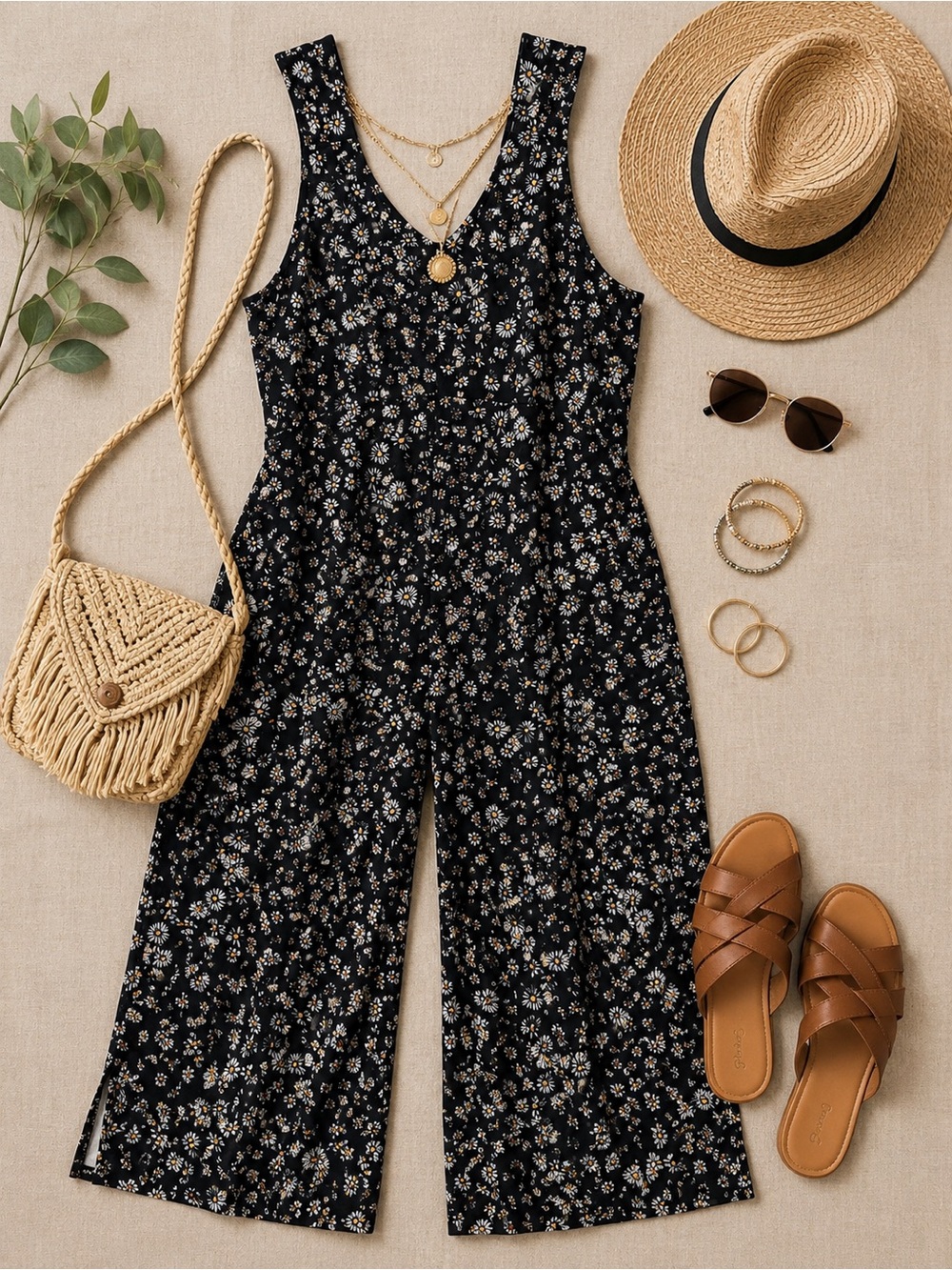 Cuddl Duds Black Floral Wide-Leg Sleeveless Jumpsuit